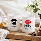 Wedding mug set with a moustache reading 'Mr' and red lips reading 'Mrs', personalised with a surname