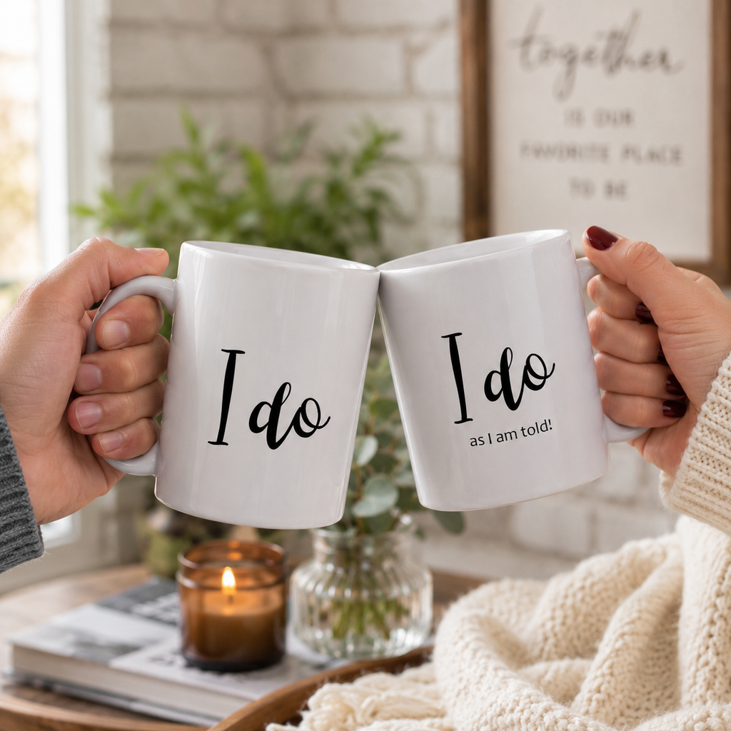 Funny couples wedding mug set reading 'I do' and 'I do as I am told' held by a couple