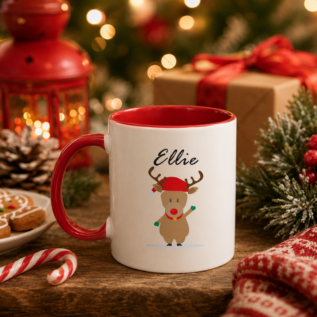 Festive character hot chocolate mug, personalised with a name, red handle and inner