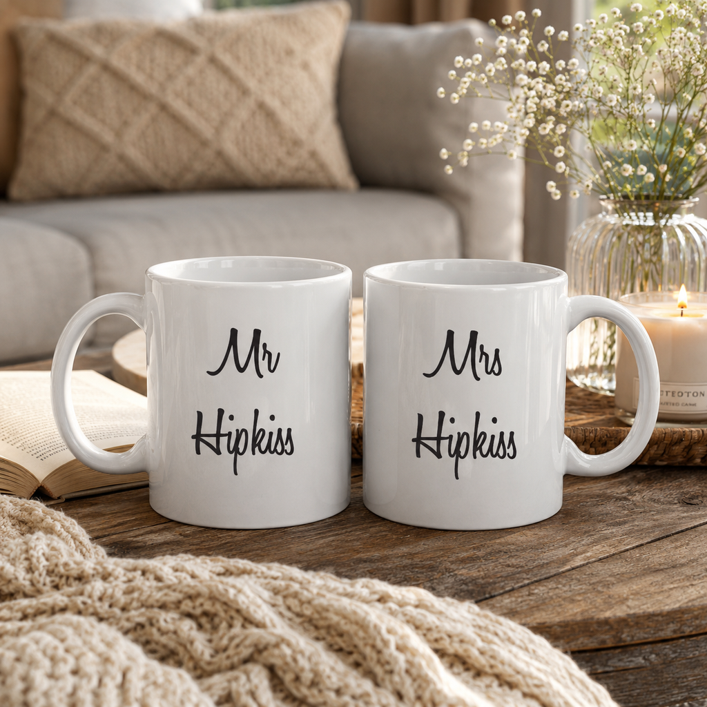 Personalised Mr and Mrs wedding mug set styled for the couple
