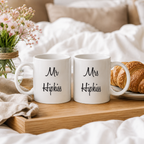Personalised Mr and Mrs wedding mug set with custom surname