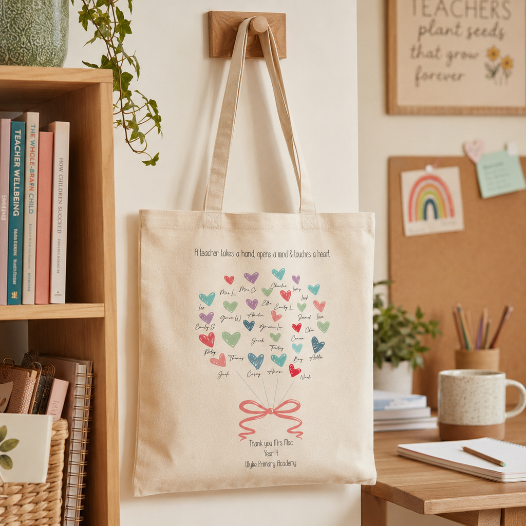 Personalised hearts thank you teacher tote bag for the whole class