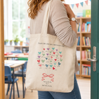 Natural cotton thank you teacher tote bag with a colourful hearts design