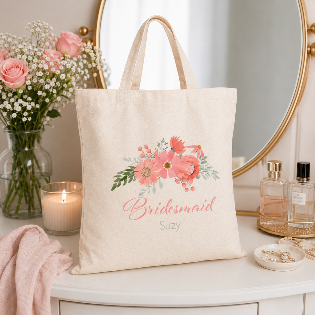 Natural canvas tote bag personalised with a peach floral bridal design