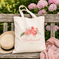 Personalised bridal party tote bag with a peach and sage floral design, natural canvas