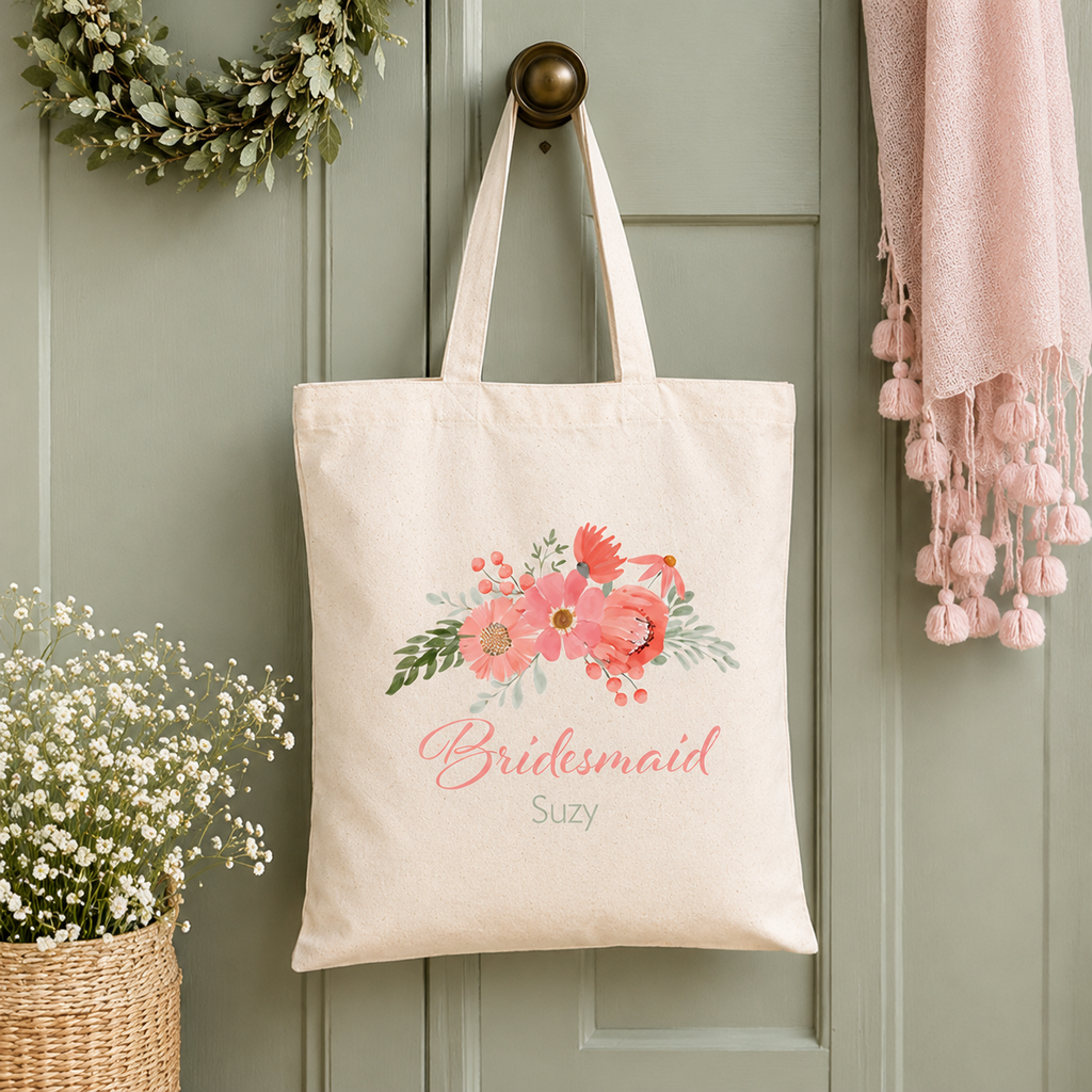 Peach and sage flower personalised bridal party tote bag, a wedding keepsake