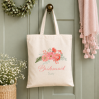 Peach and sage flower personalised bridal party tote bag, a wedding keepsake