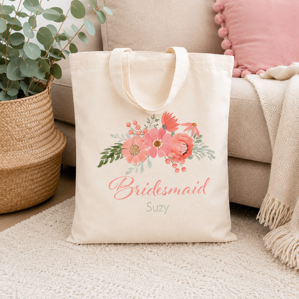 Personalised peach floral bridesmaid tote bag in natural canvas