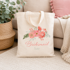 Personalised peach floral bridesmaid tote bag in natural canvas