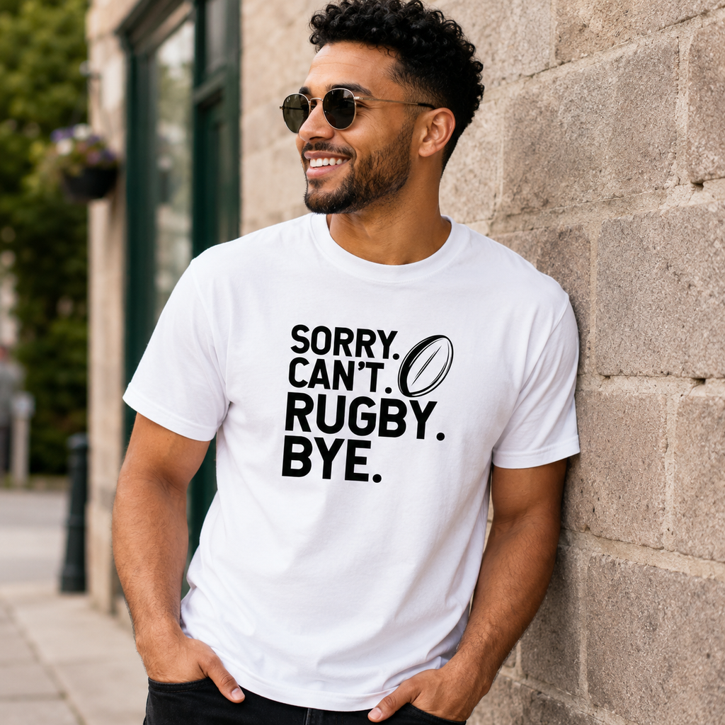 White rugby t-shirt featuring the 'Sorry. Can't. Rugby. Bye.' design for a keen rugby fan