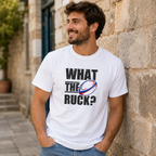 White rugby t-shirt with a bold 'What The Ruck?' slogan and rugby ball design