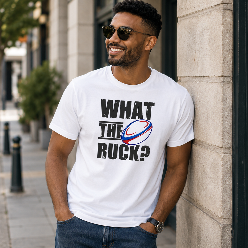 White rugby t-shirt with a funny 'What The Ruck?' rugby ball slogan