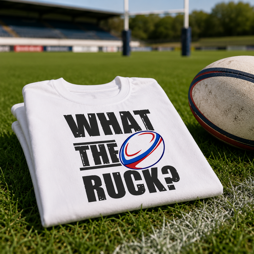 White rugby t-shirt featuring the 'What The Ruck?' print, worn by a rugby fan