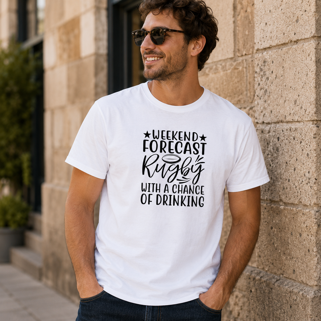 White rugby t-shirt with a playful weekend rugby and drinking slogan
