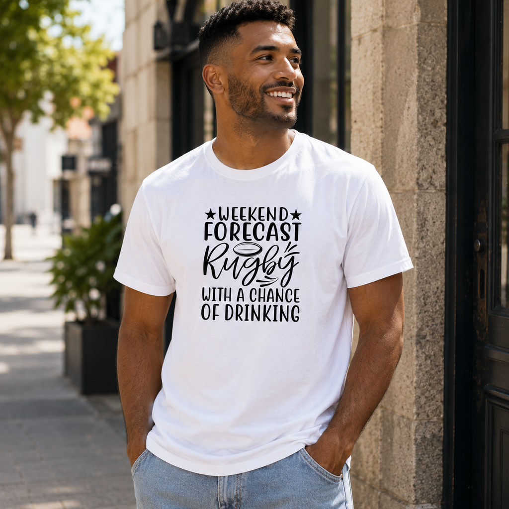 White rugby t-shirt featuring the 'Rugby With A Chance Of Drinking' print