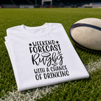 White rugby t-shirt with a funny 'Weekend Forecast Rugby' slogan and star design