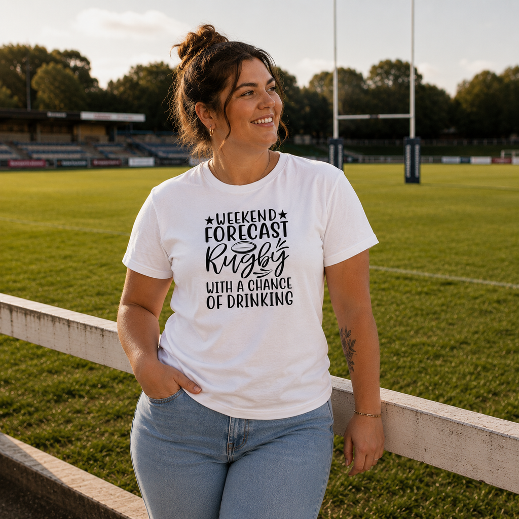 White rugby t-shirt printed with 'Weekend Forecast Rugby With A Chance Of Drinking', worn pitchside