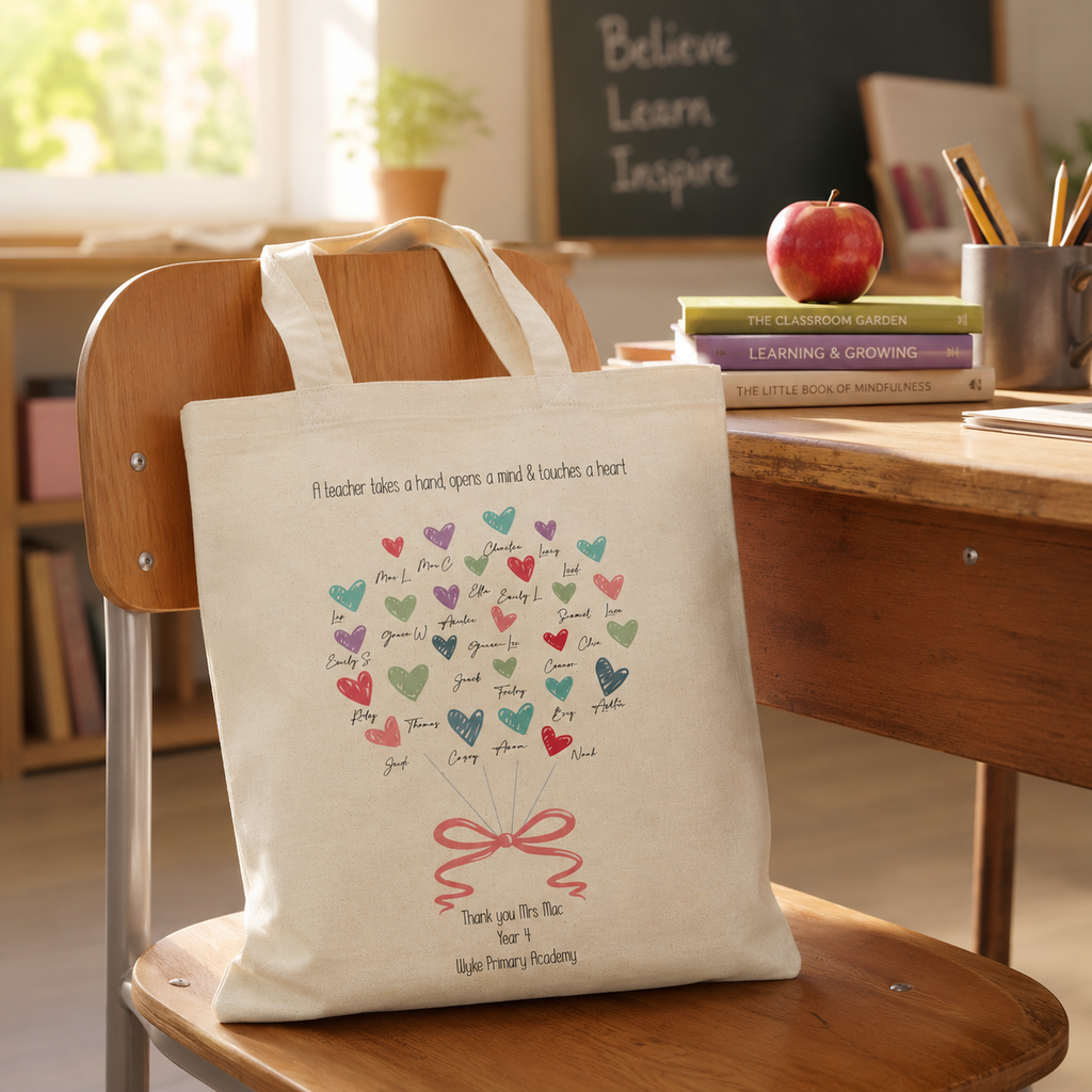 Personalised teacher tote bag with a heart tree of pupil names and a thank you message