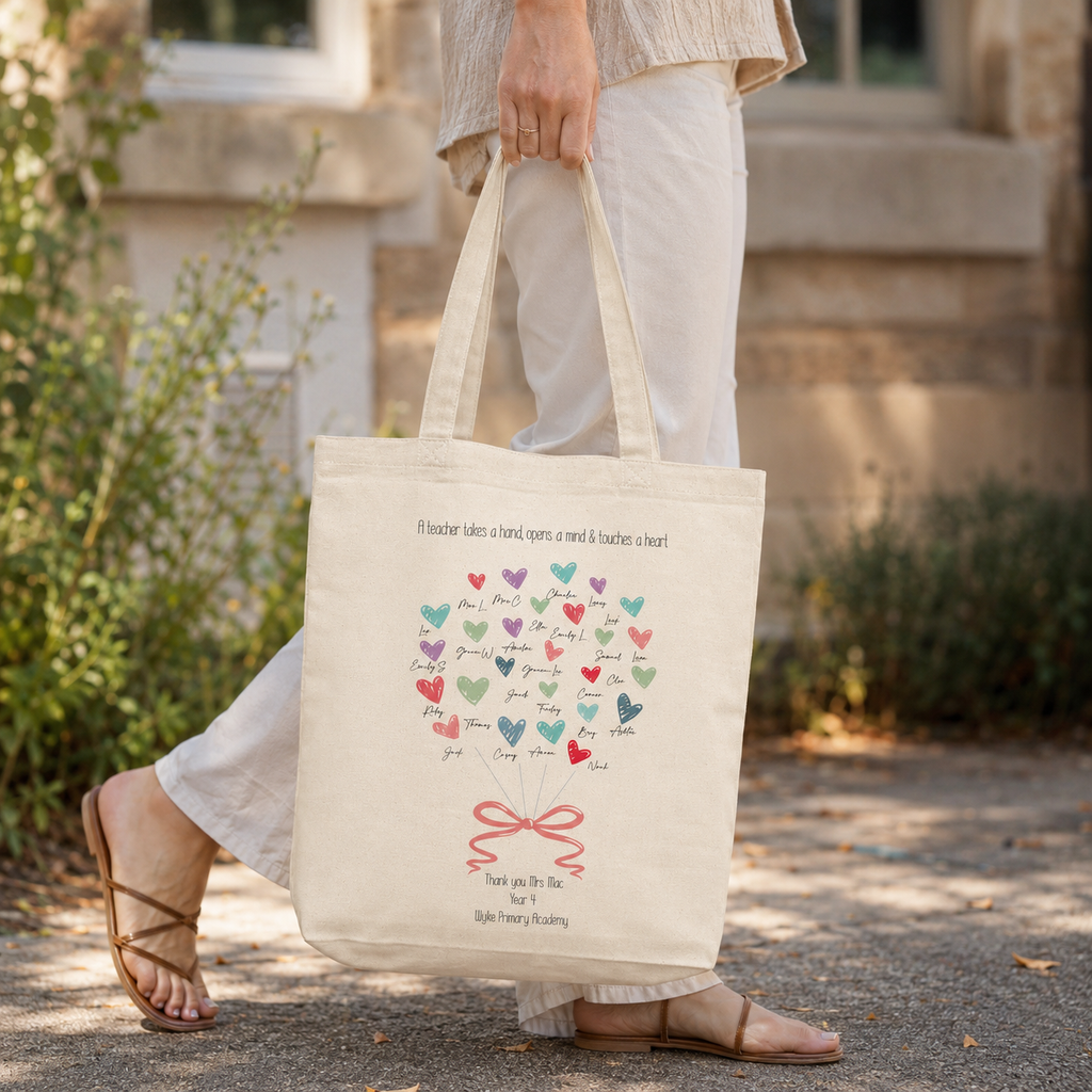 Cotton teacher tote bag with a heart tree design and pupil names