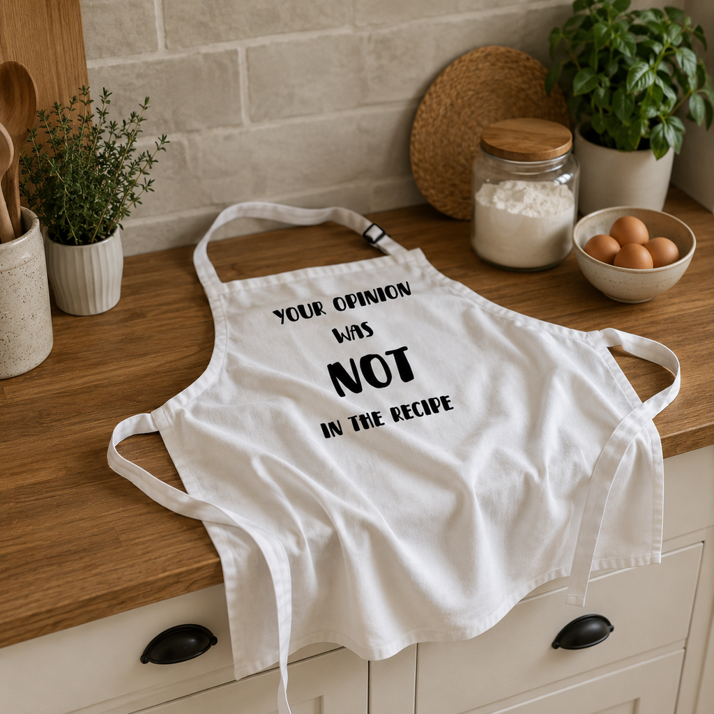 Funny white 'Your opinion was not in the recipe' kitchen apron
