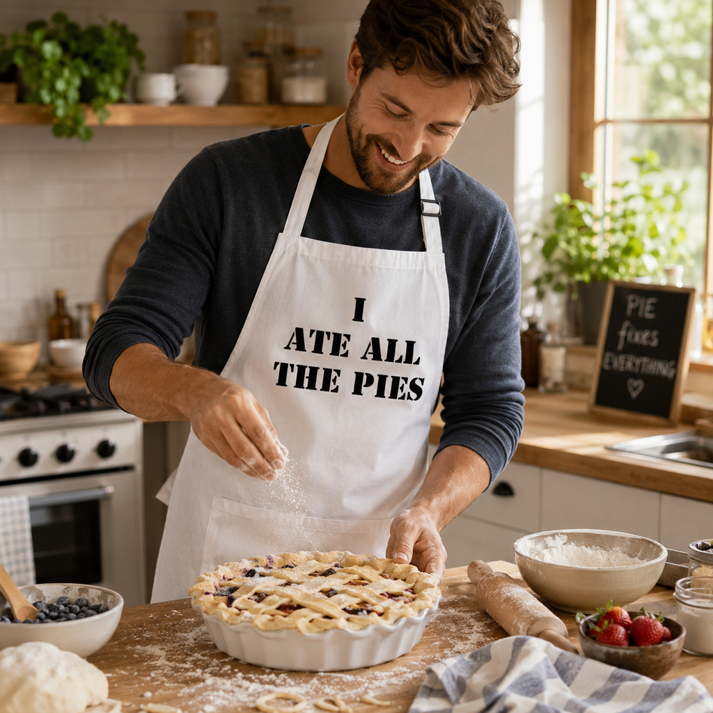 White apron with bold 'I Ate All The Pies' lettering