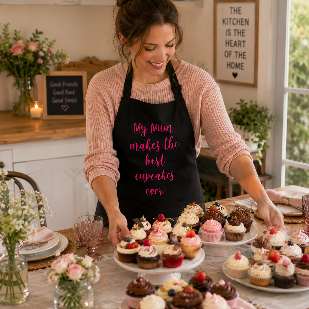 Black personalised baking apron with 'My Mum makes the best cupcakes ever' in pink
