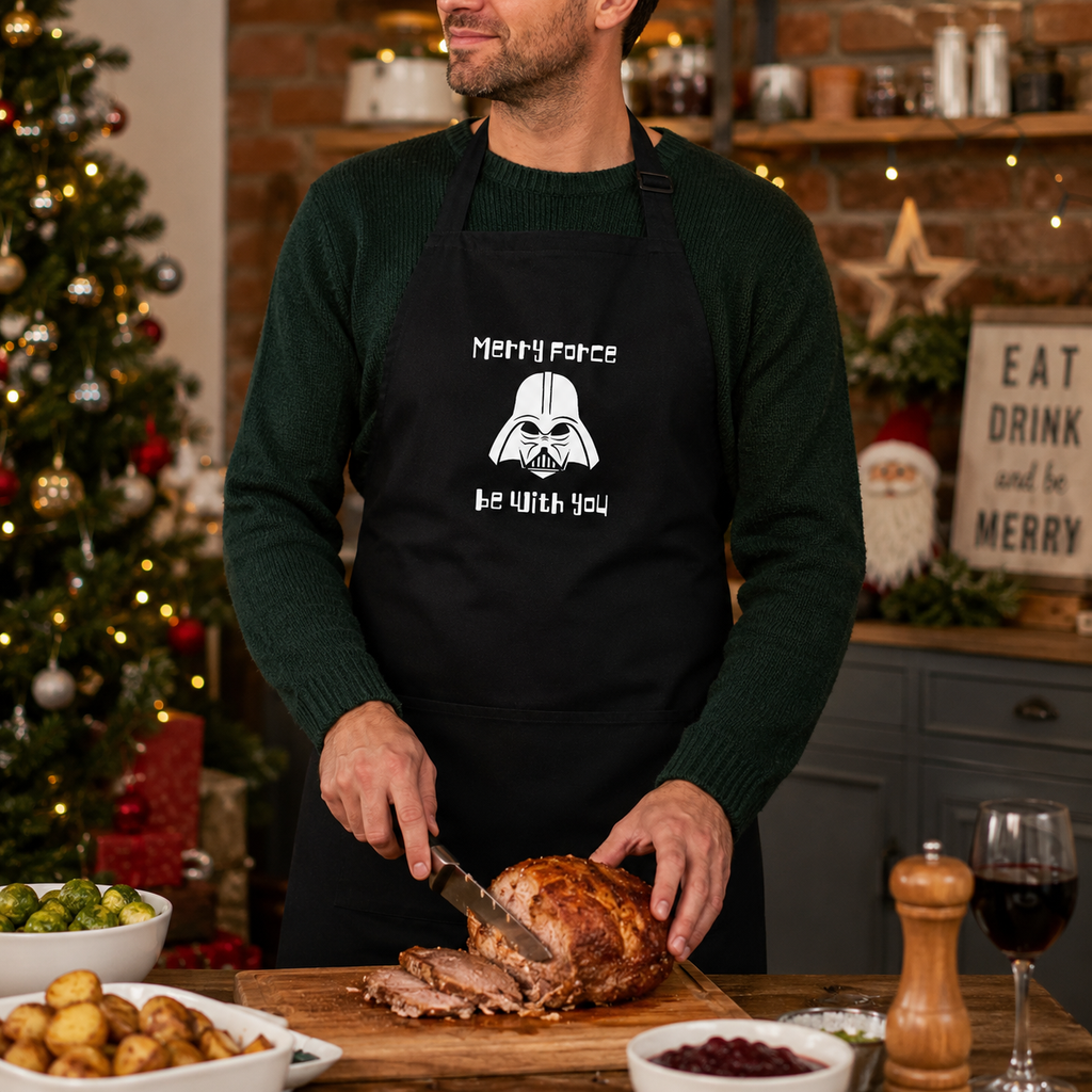 Black Christmas apron with white 'Merry Force Be With You' slogan and a sci-fi helmet design, worn carving a roast