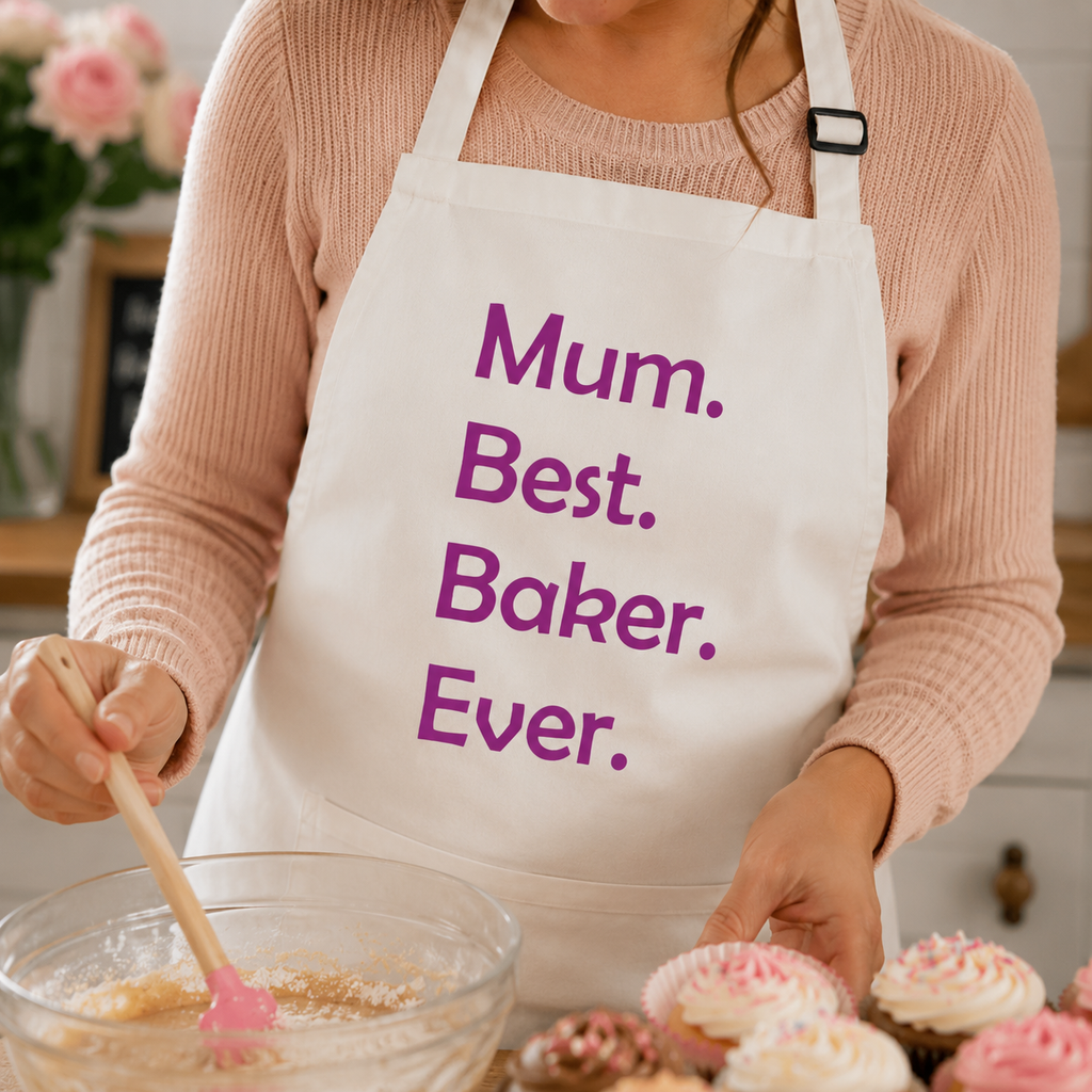 Personalised 'Best Baker Ever' apron worn in a bright kitchen