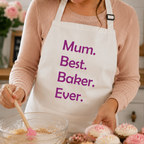 Personalised 'Best Baker Ever' apron worn in a bright kitchen