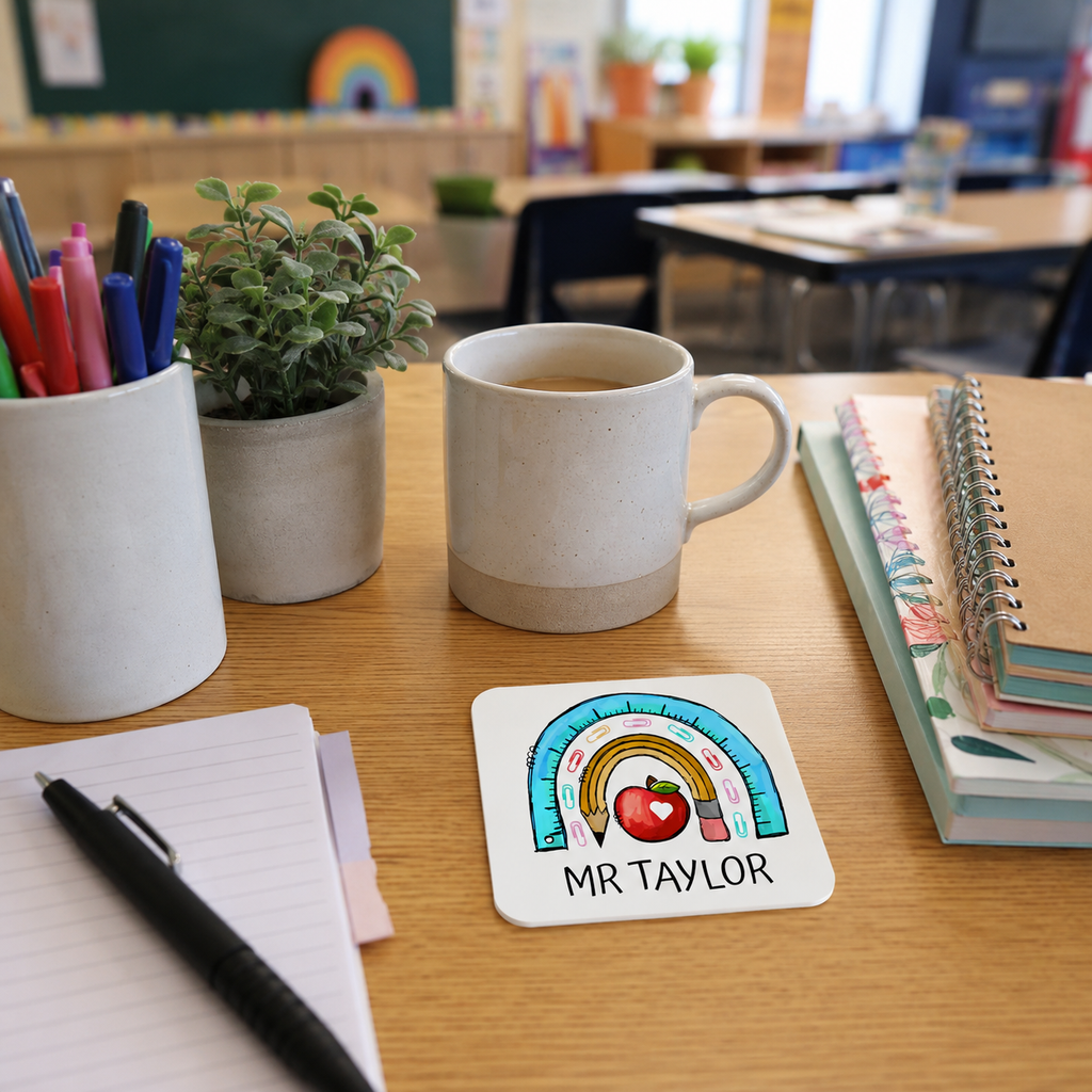 Personalised rainbow teacher coaster with apple and stationery design