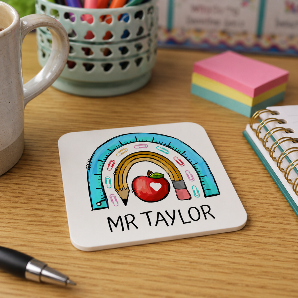 Personalised teacher coaster with rainbow, apple and pencil design and the name 'Mr Taylor'