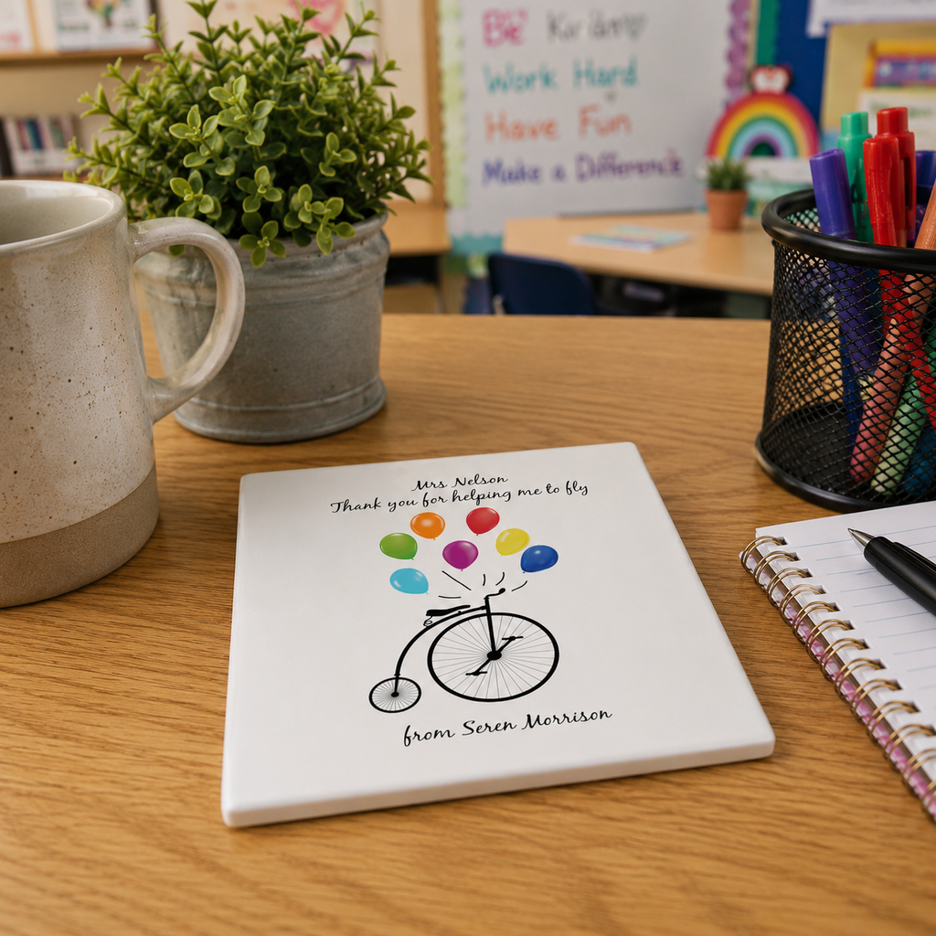 Personalised thank you teacher coaster with a colourful balloon design