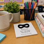 Personalised teacher coaster with a mask reading 'Real heroes don't wear capes. They TEACH!'