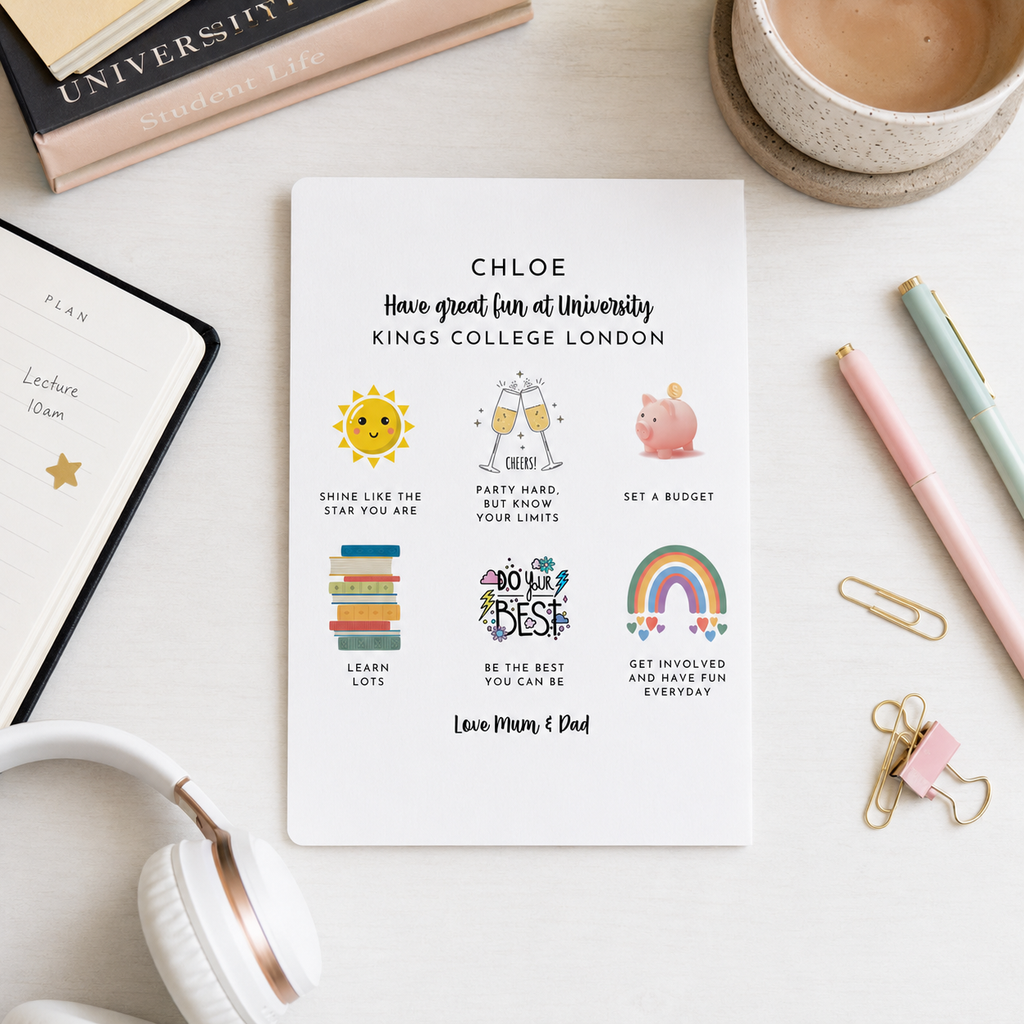 Personalised back to university card with playful illustrations and a warm message