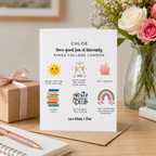 Personalised back to university card with cheerful icons and a student's name