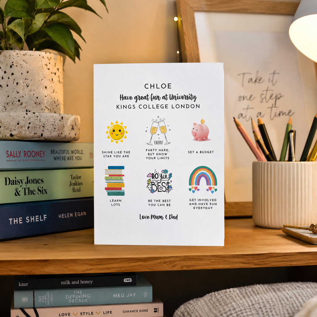 Personalised back to university card with bright motivational artwork