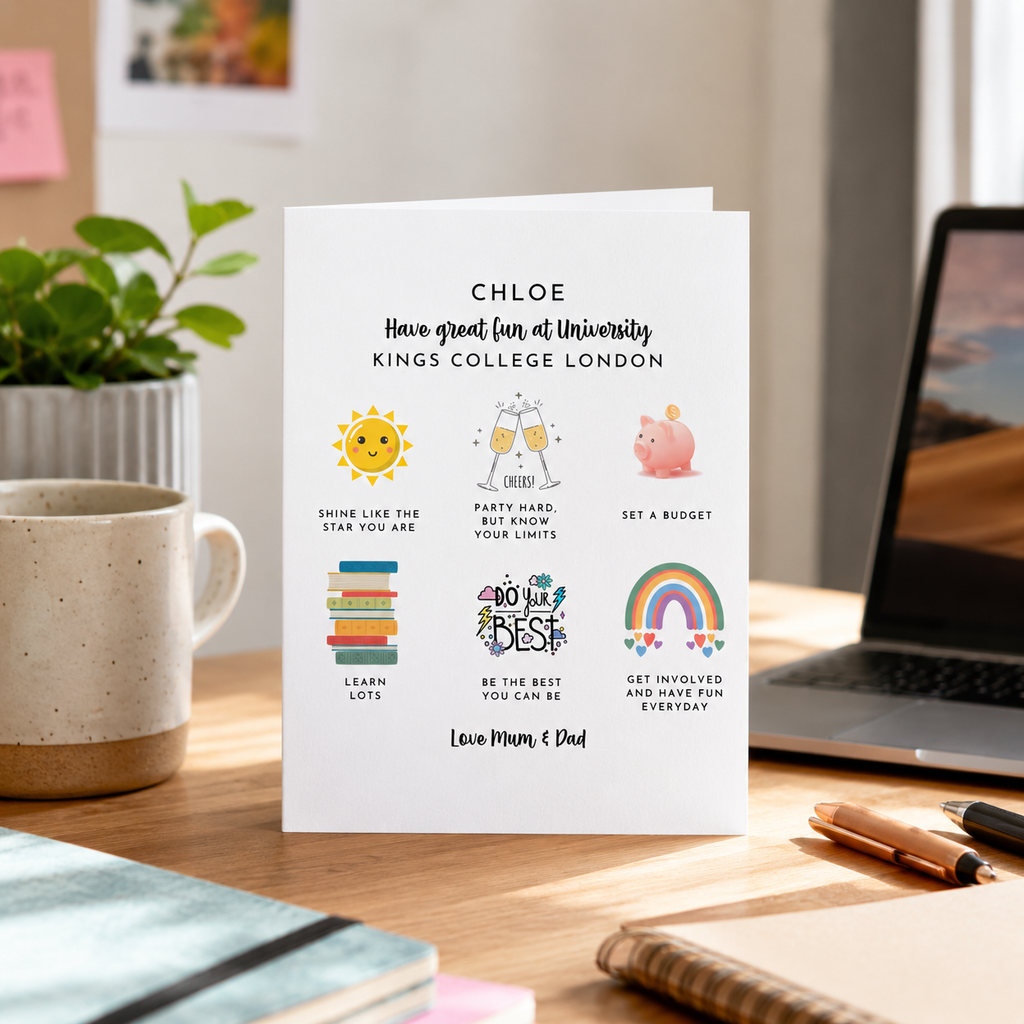 Personalised back to university card with name, university and fun encouraging icons
