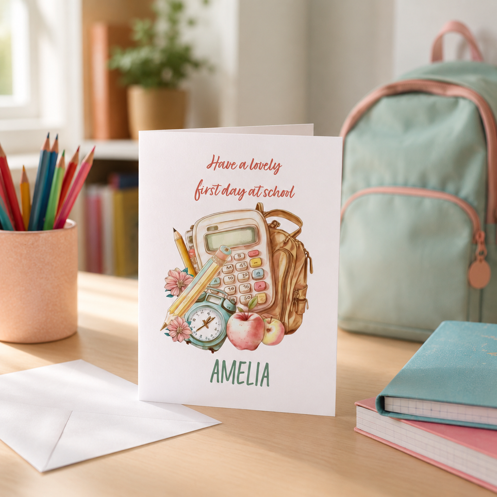 Personalised back to school backpack card, front view