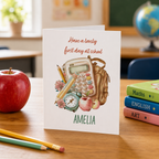 Personalised back to school card with a watercolour backpack design