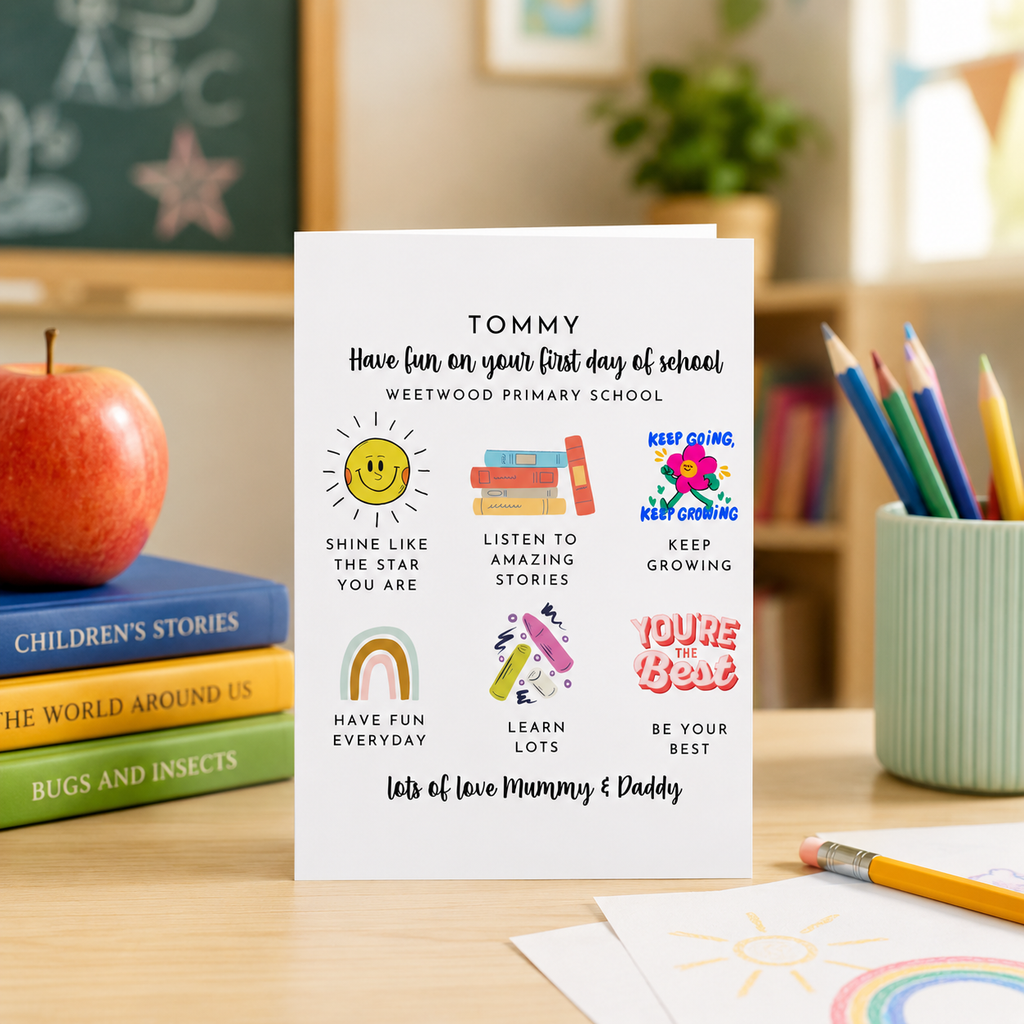Personalised first day of school card with cheerful icons and a child's name