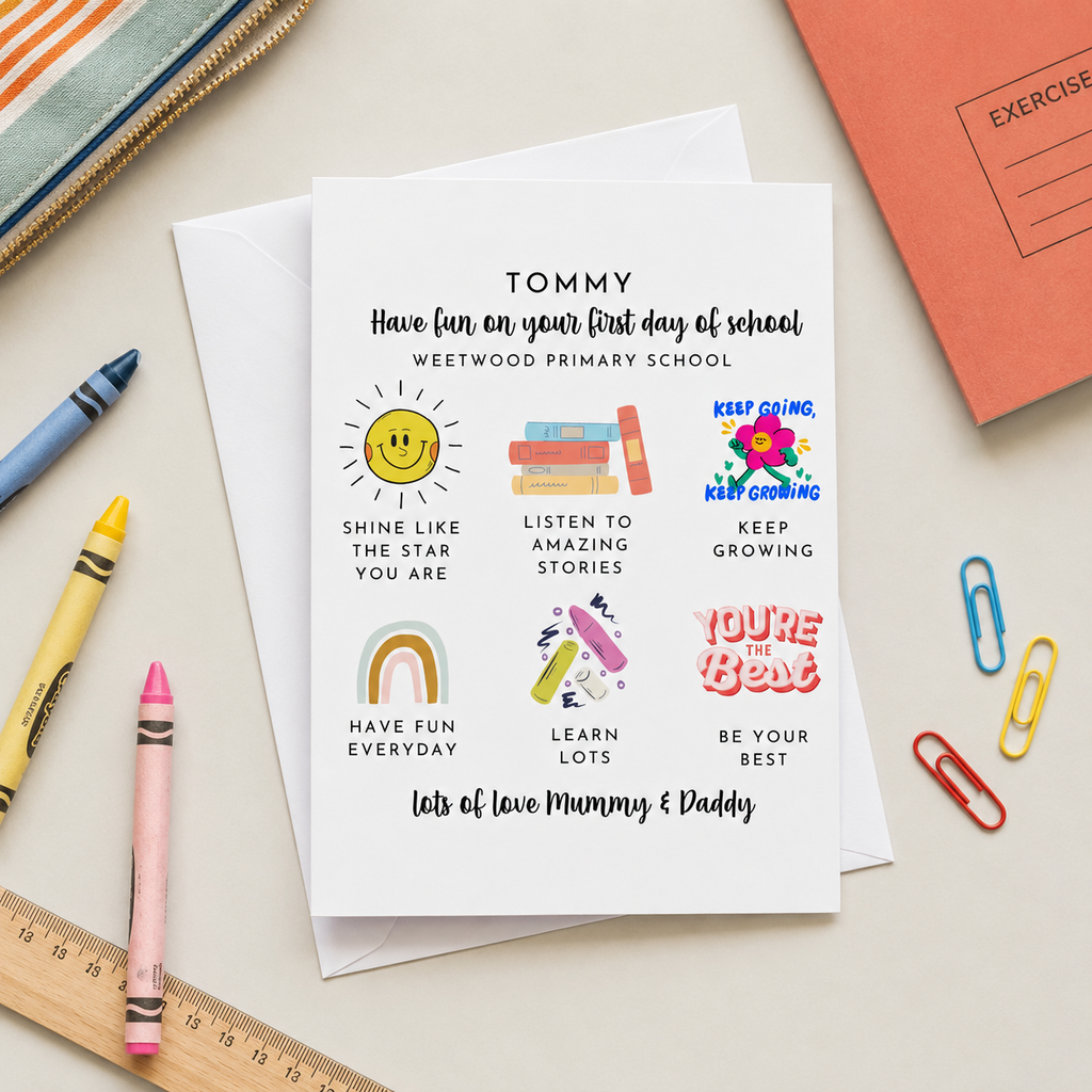 Personalised first day of school card with bright motivational artwork