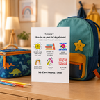 Personalised first day of school card with name, school name and fun encouraging icons