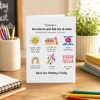 Personalised first day of school card with playful illustrations and a loving message