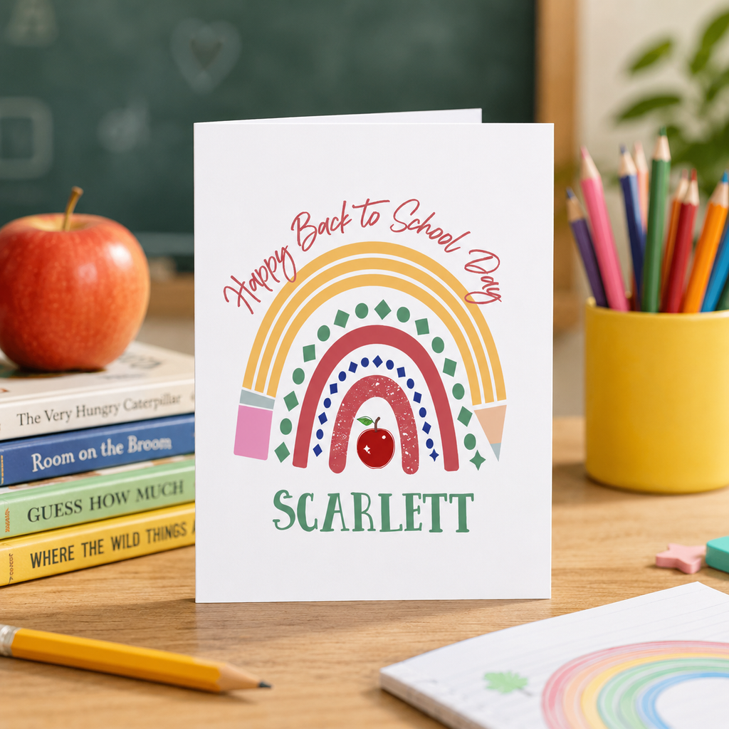 Personalised happy back to school day card with a colourful illustrated rainbow
