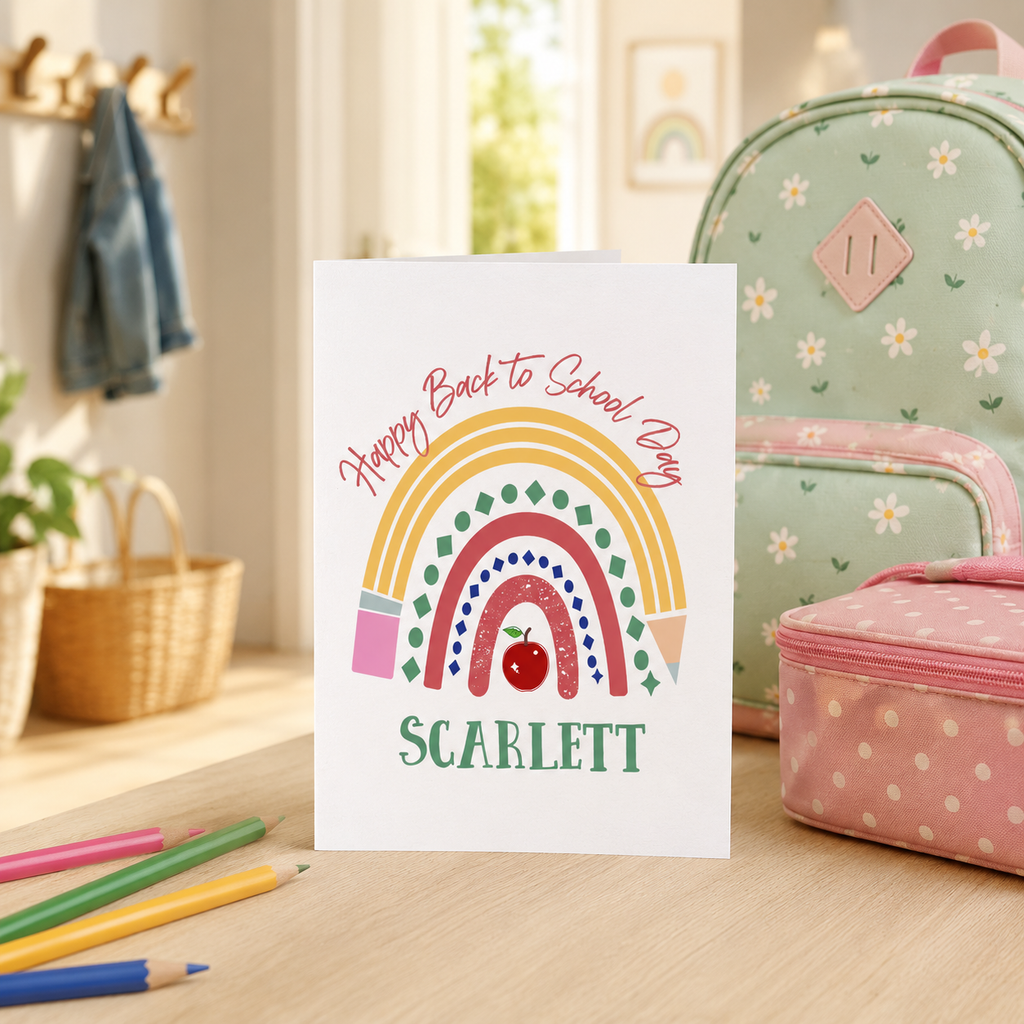 Personalised back to school card with a bright rainbow, bunting and apple design