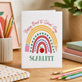 Personalised back to school day card with 'Happy Back To School Day', rainbow and the name 'Scarlett'