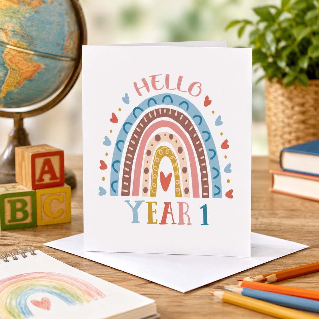 Personalised new school year card with a boho rainbow and 'Hello Year 1' text