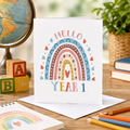 Personalised new school year card with a boho rainbow and 'Hello Year 1' text