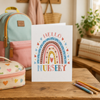 Personalised 'Hello nursery' card with rainbow illustration