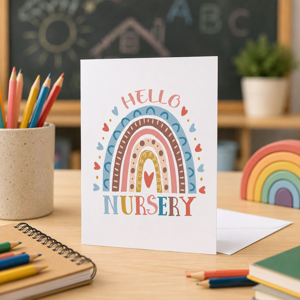 Personalised starting nursery card with a 'Hello nursery' rainbow design